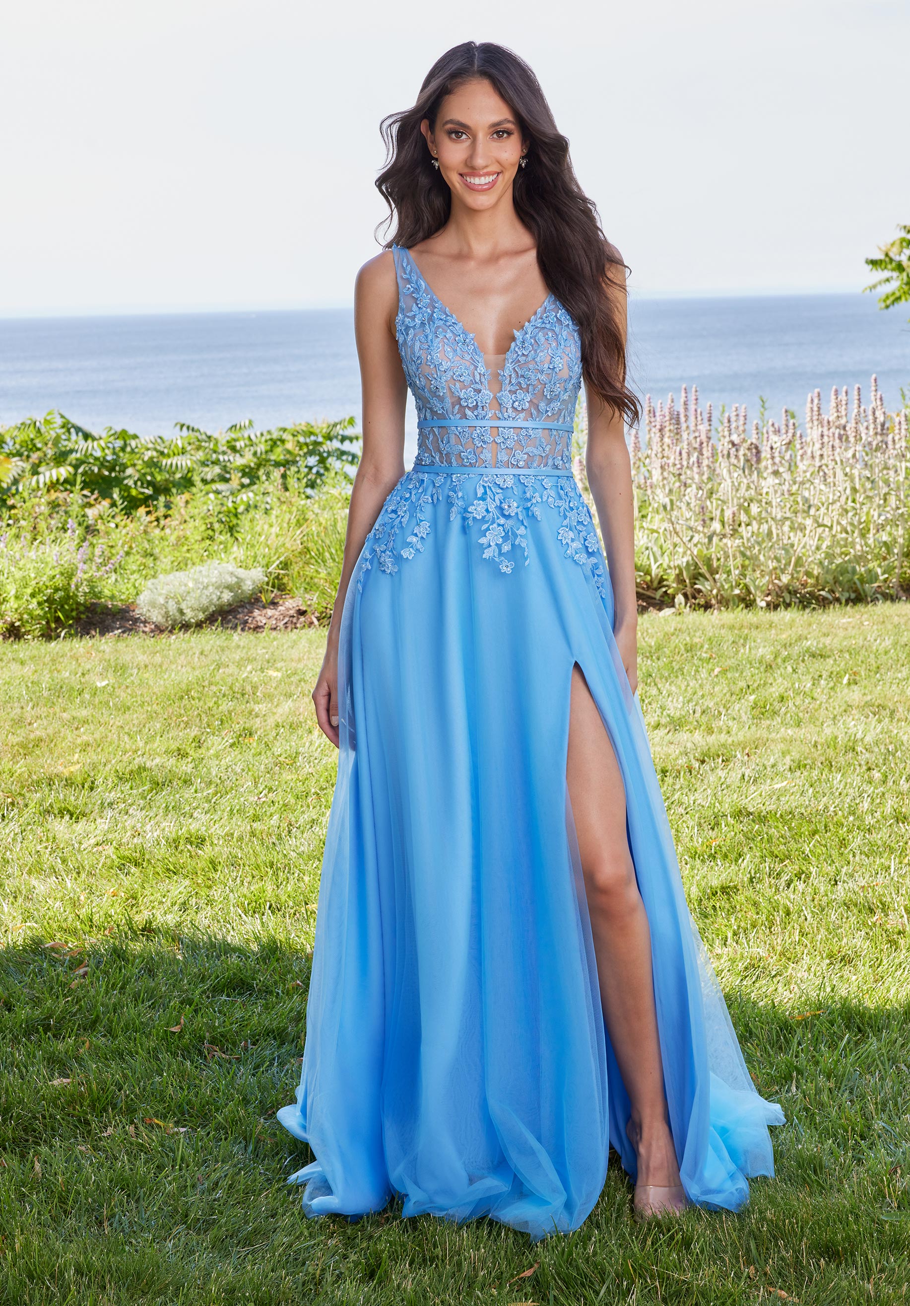 Prom Dresses A Line Long Formal Floral Applique Prom Dress French Blue