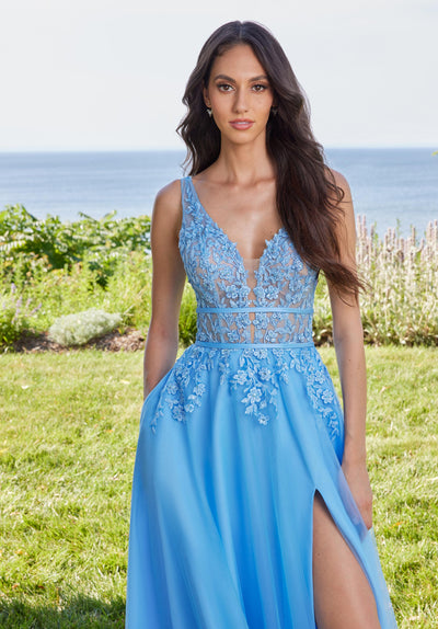 MGNY Madeline Gardner New York 49133 A Line Long Formal Floral Applique Prom Dress