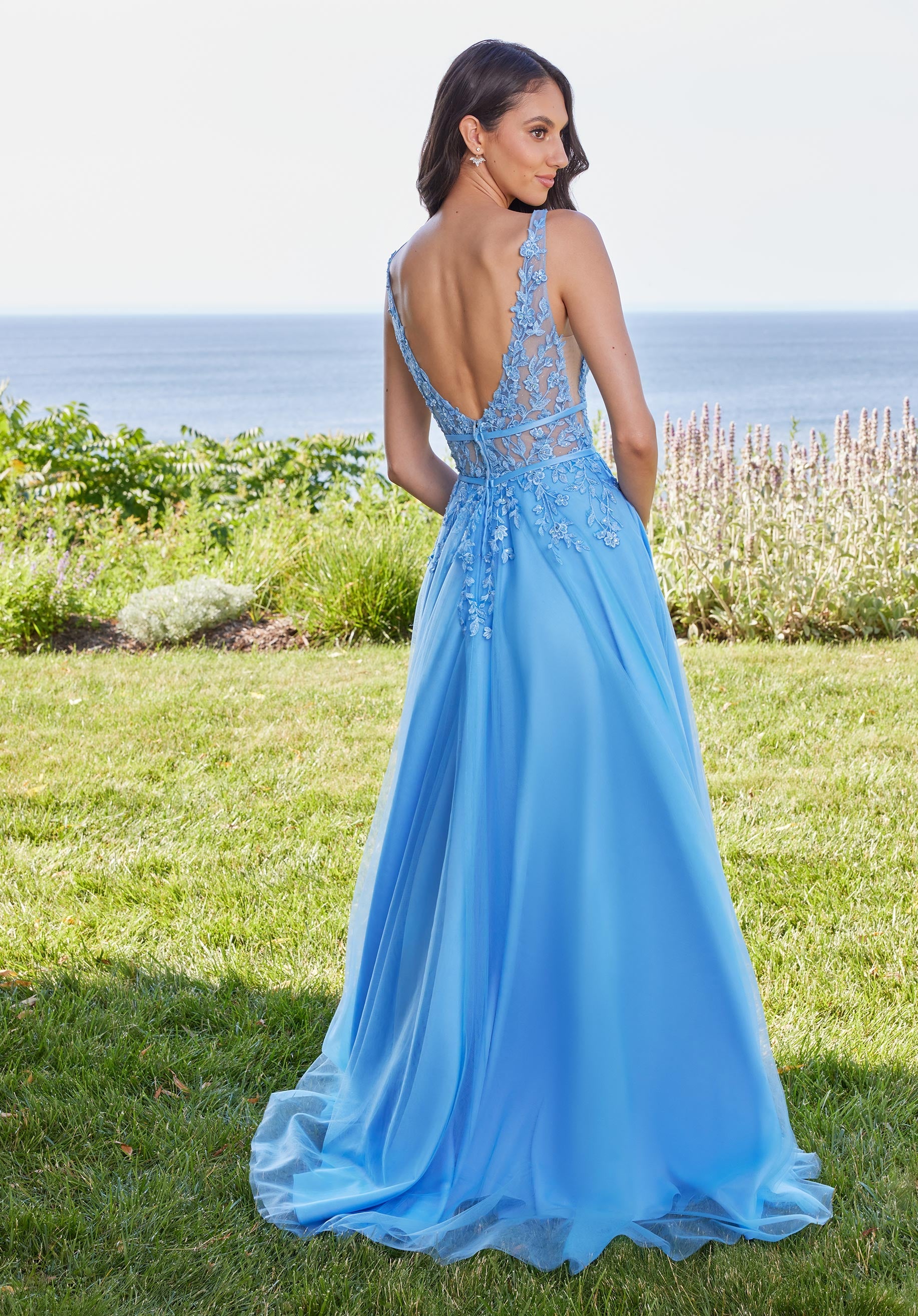 MGNY Madeline Gardner New York 49133 A Line Long Formal Floral Applique Prom Dress