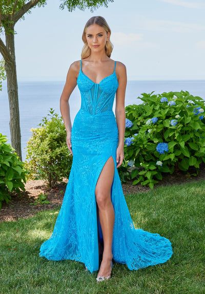 Prom Dresses Long Fit Slit Formal Lace Prom Dress Turquoise