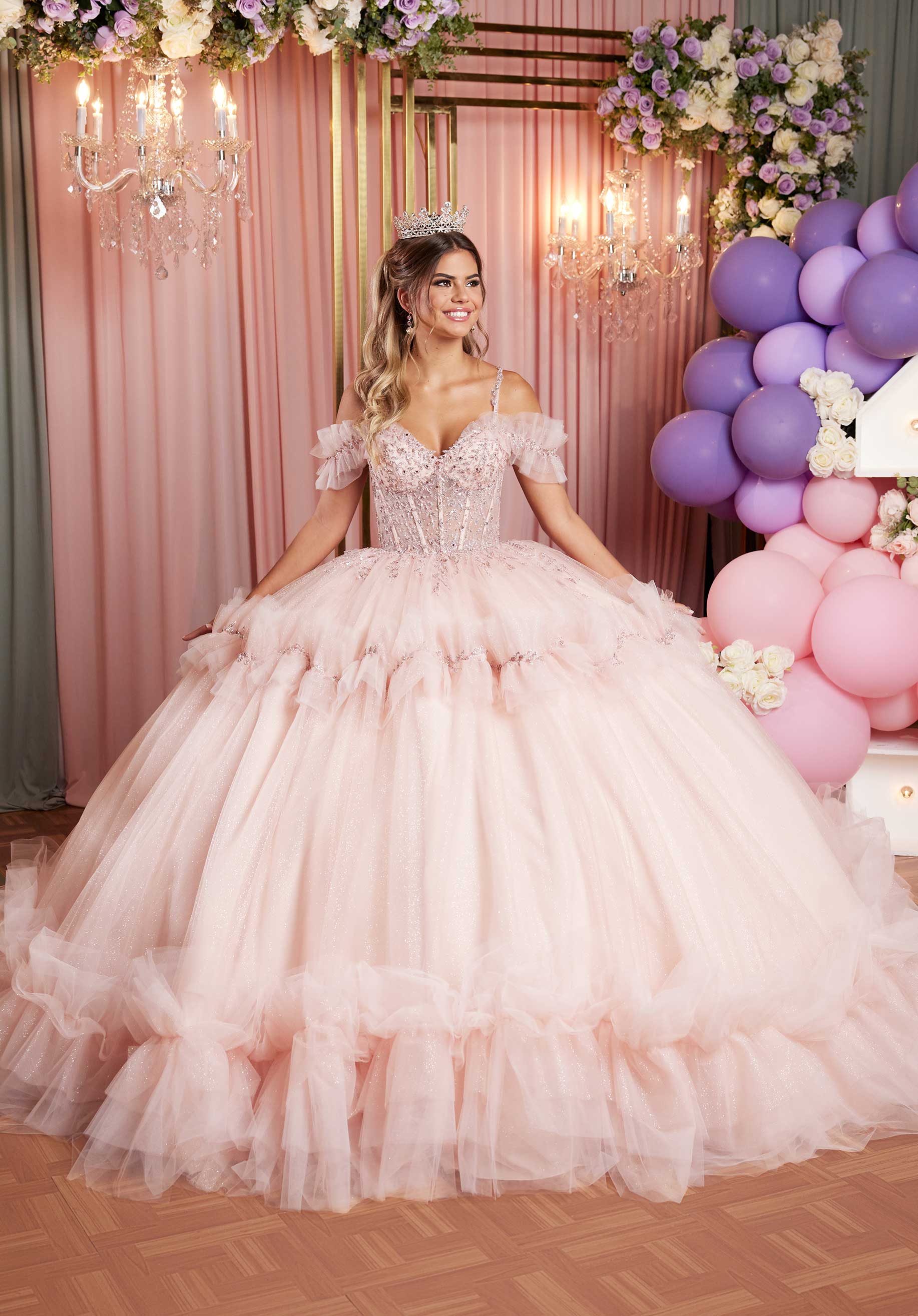 Quinceniera Dresses Long Ball Gown Glitter Tiered Quinceanera Dress Blush