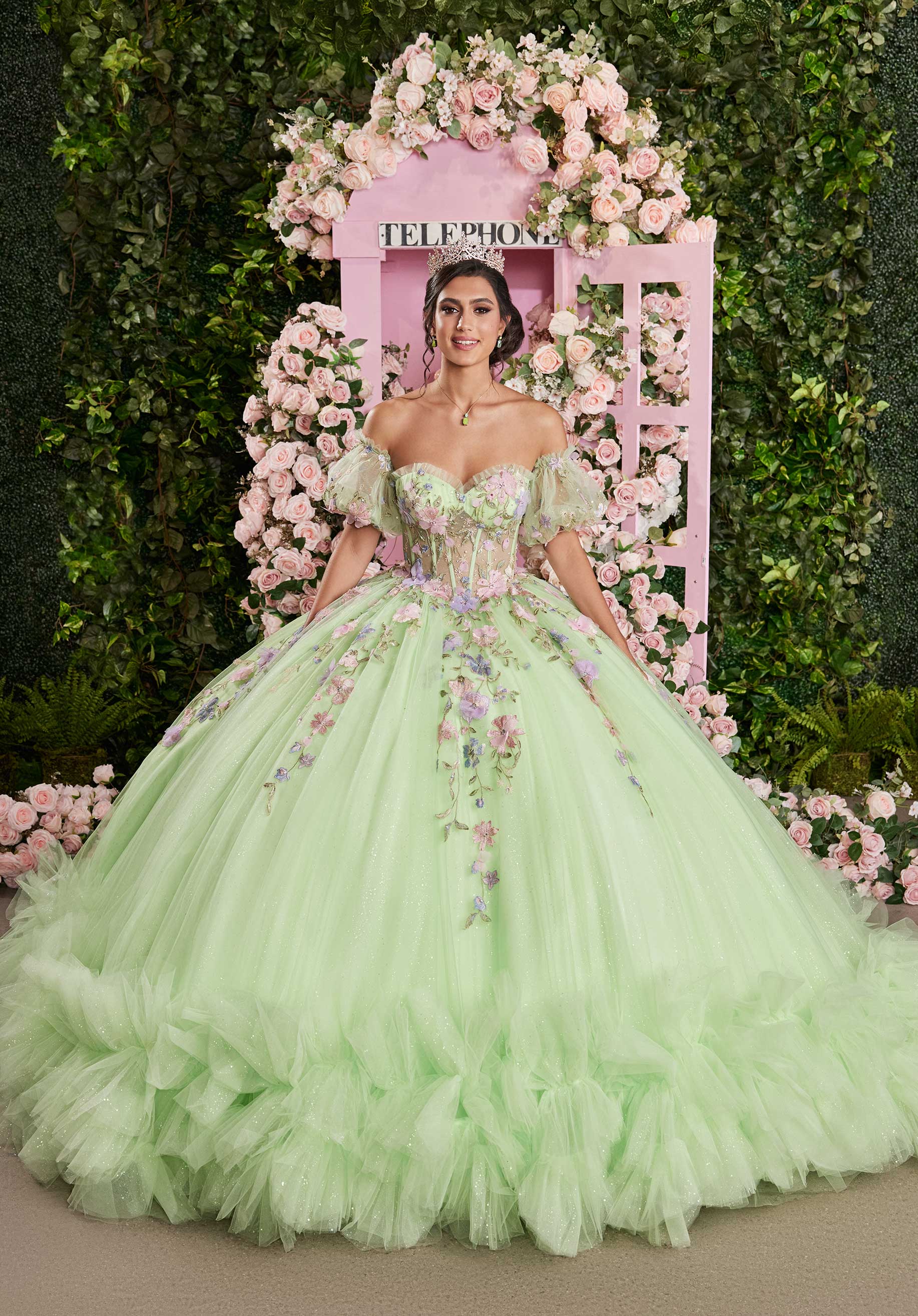 Quinceniera Dresses Long Corset Floral Applique Quinceanera Dress Lime/Multi