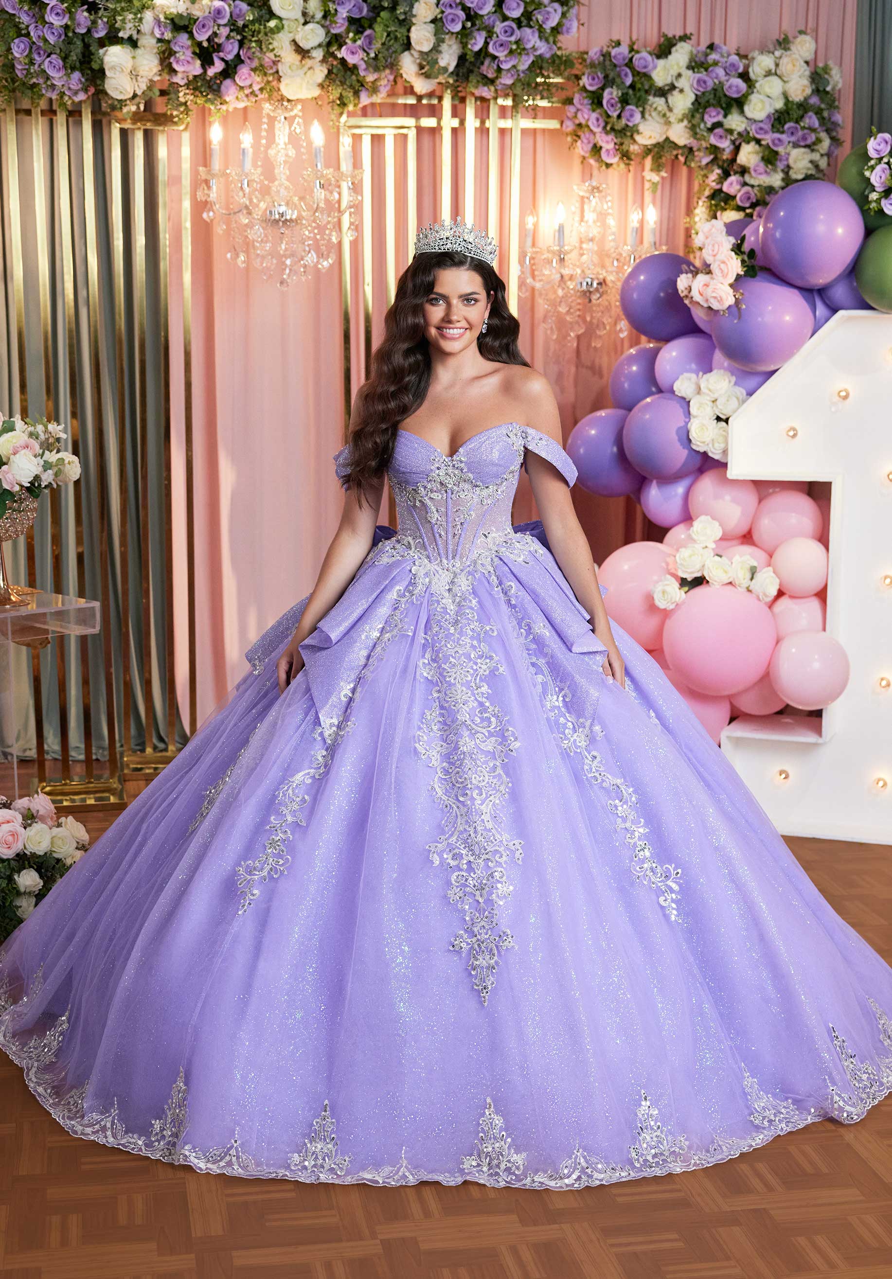 Quinceniera Dresses Glitter Pleated Long Quinceañera Dress Lilac/Silver