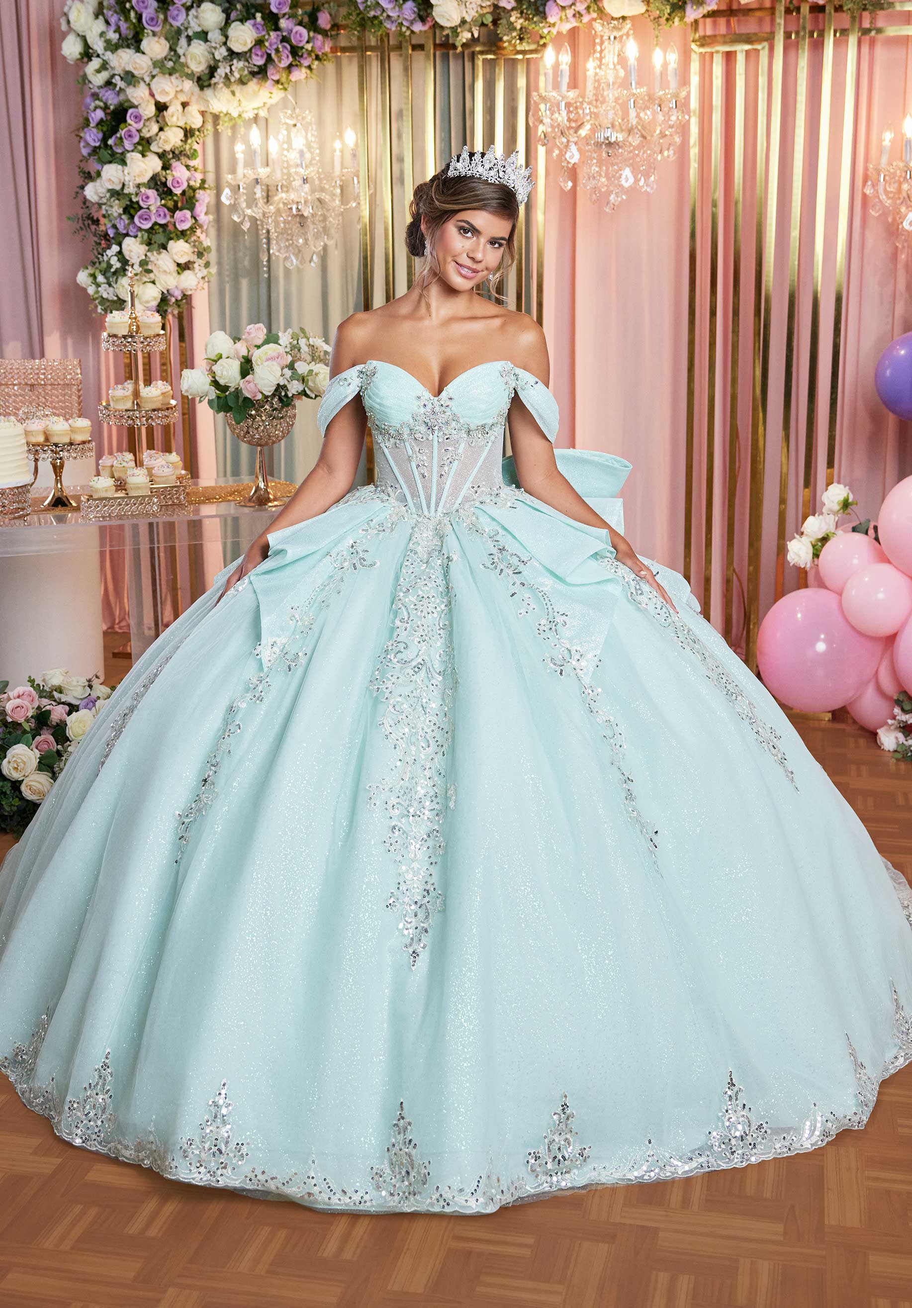 Quinceniera Dresses Glitter Pleated Long Quinceañera Dress Mint/Silver