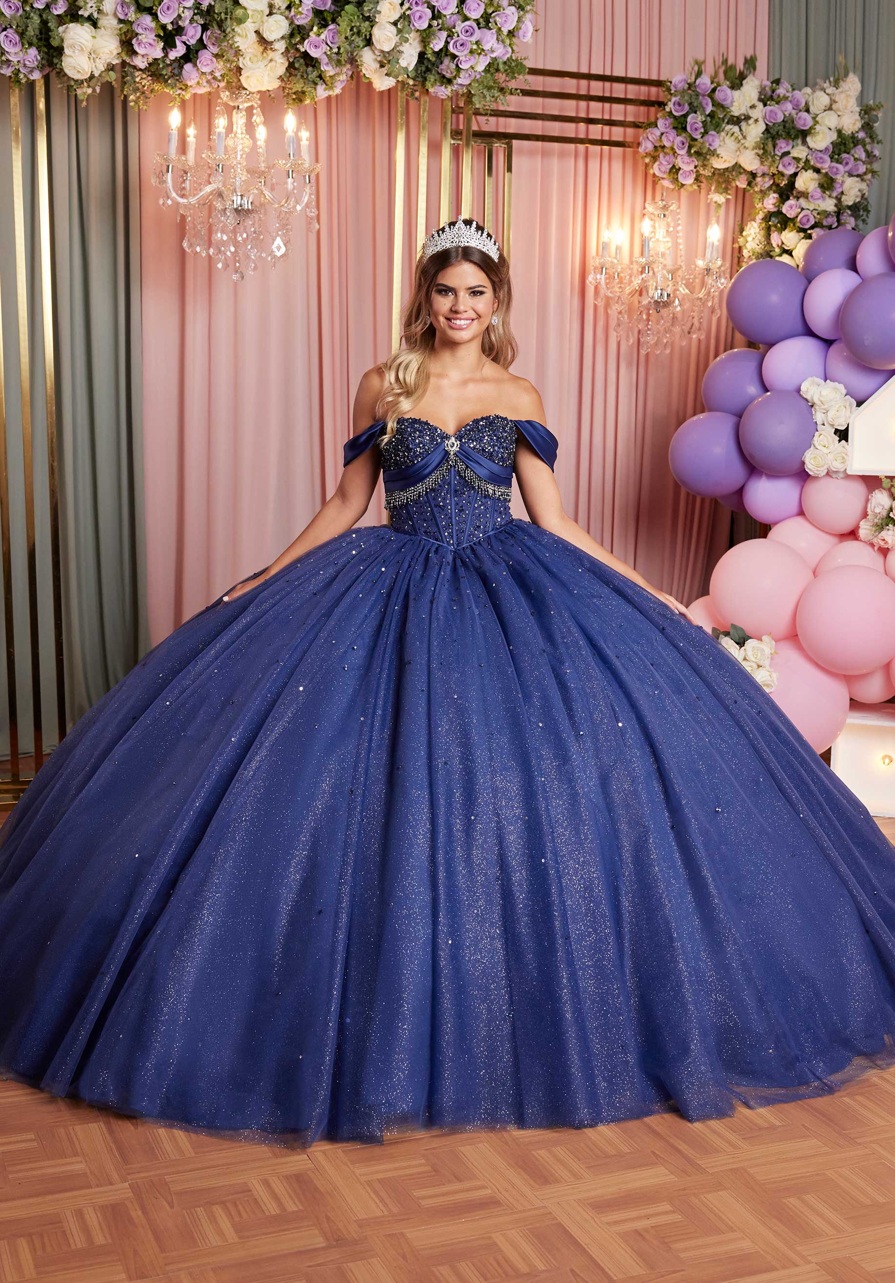 Quinceniera Dresses Long Beaded Fringe Quinceanera Dress Navy