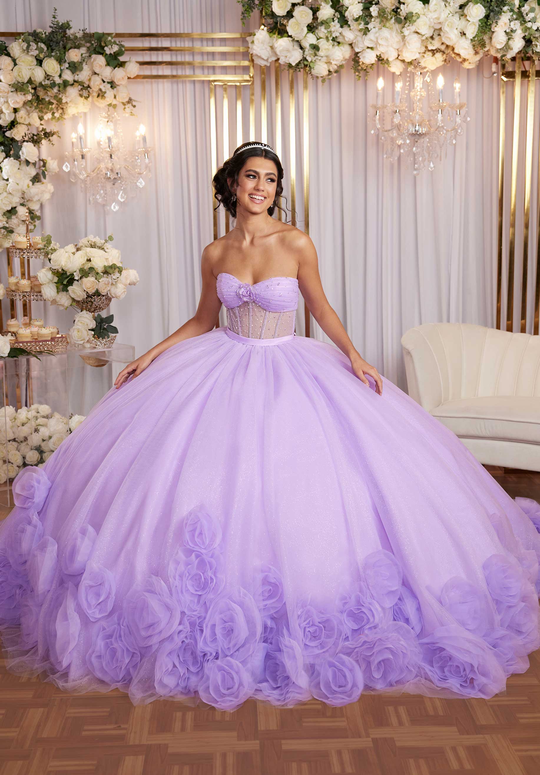 MGNY Madeline Gardner New York 89524 Long Sweet 16 3D Floral Quinceanera Dress