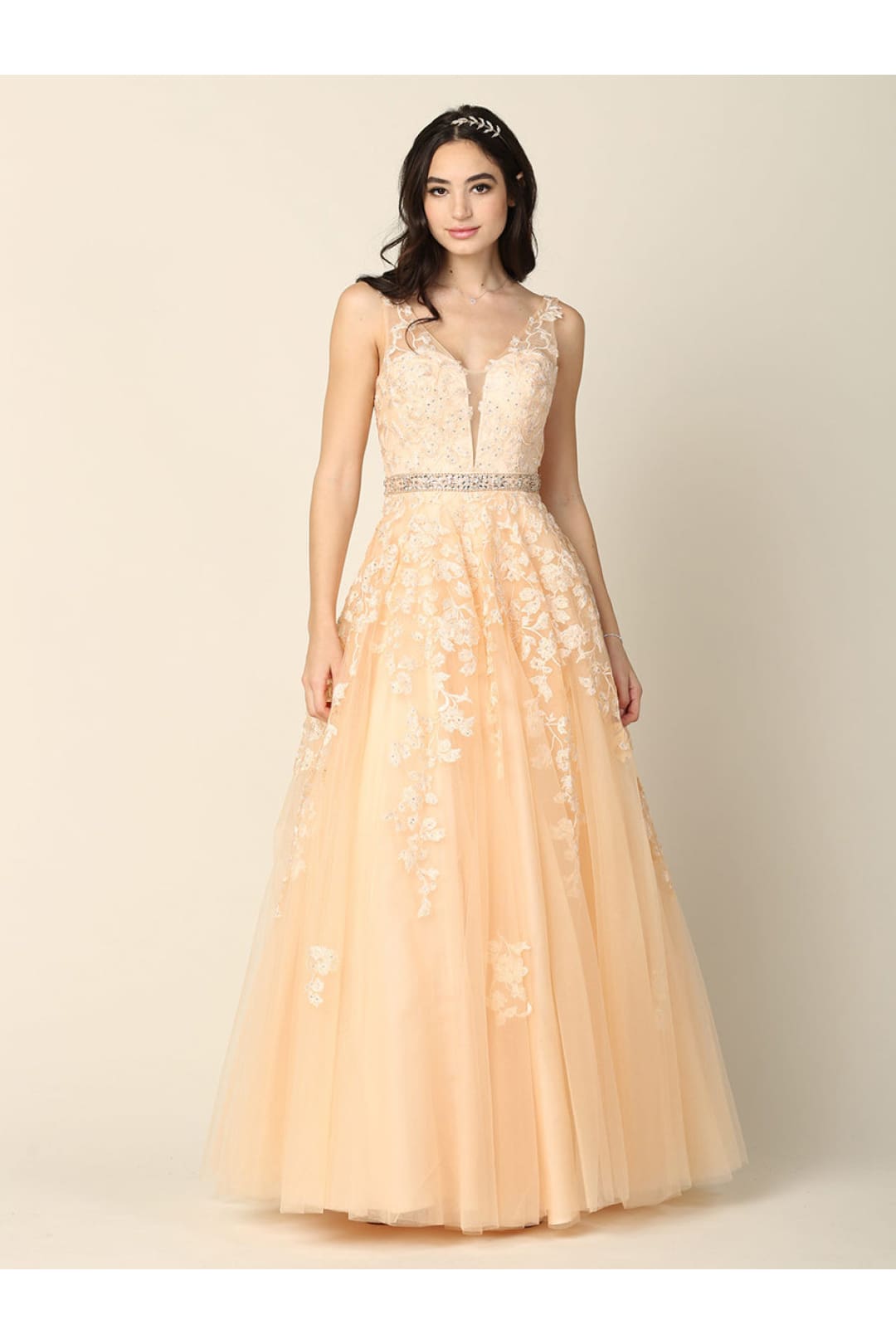 Prom Ballgown Embellished Floral Embroidery A-Line Dress By Eva 5232 - CHAMPAGNE / XS - Dress