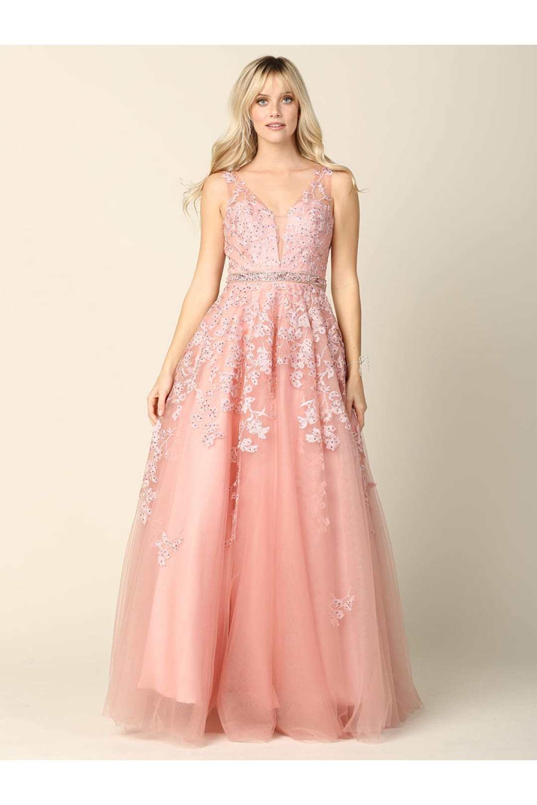 Prom Ballgown Embellished Floral Embroidery A-Line Dress By Eva 5232 - DUSTY ROSE / XS - Dress