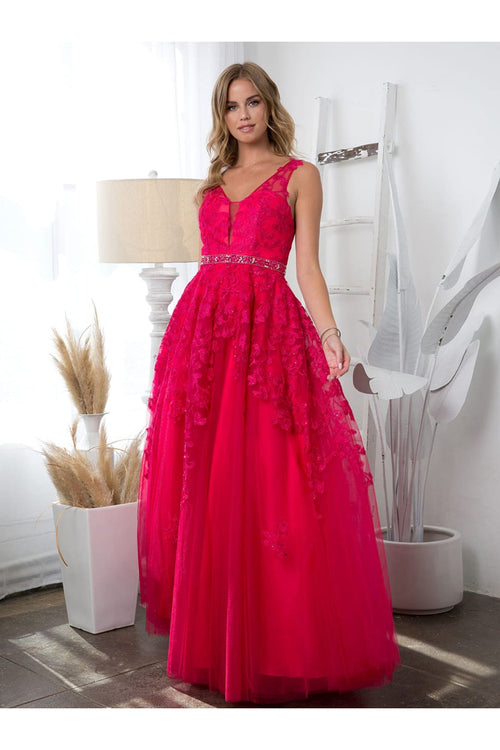 Prom Ballgown Embellished Floral Embroidery A-Line Dress By Eva 5232 - FUCHSIA / XS - Dress