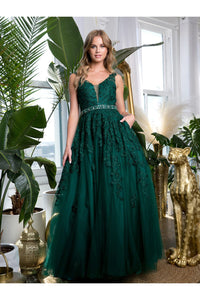 Prom Ballgown Embellished Floral Embroidery A-Line Dress By Eva 5232 - HUNTER GREEN / XS - Dress