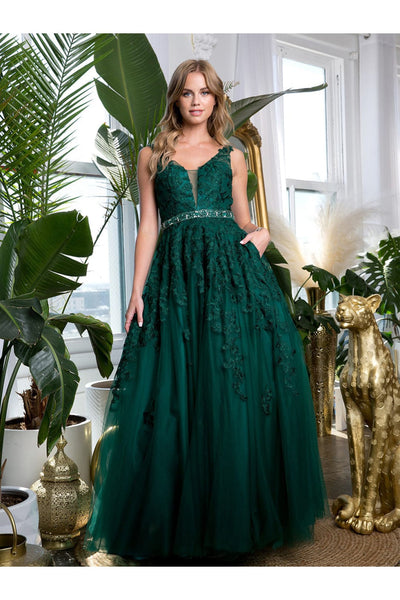 Prom Ballgown Embellished Floral Embroidery A-Line Dress By Eva 5232 - HUNTER GREEN / XS - Dress
