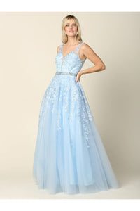 Prom Ballgown Embellished Floral Embroidery A-Line Dress By Eva 5232 - ICE BLUE / XS - Dress