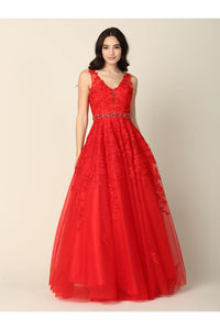 Prom Ballgown Embellished Floral Embroidery A-Line Dress By Eva 5232 - RED / XS - Dress