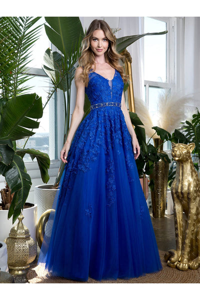 Prom Ballgown Embellished Floral Embroidery A-Line Dress By Eva 5232 - ROYAL BLUE / XS - Dress