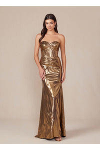 Prom Dress Formal Strapless Metallic Long Sheath Gown by Nox Anabel T1499 - GOLD / 00 - Dress