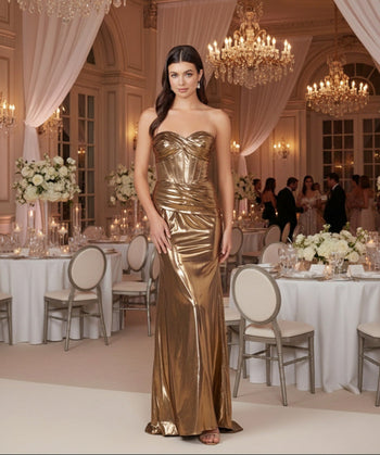 Prom Dress Formal Strapless Metallic Long Sheath Gown by Nox Anabel T1499 - GOLD / 00 - Dress