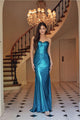 Prom Dress Formal Strapless Metallic Long Sheath Gown by Nox Anabel T1499 - TEAL / 00 - Dress