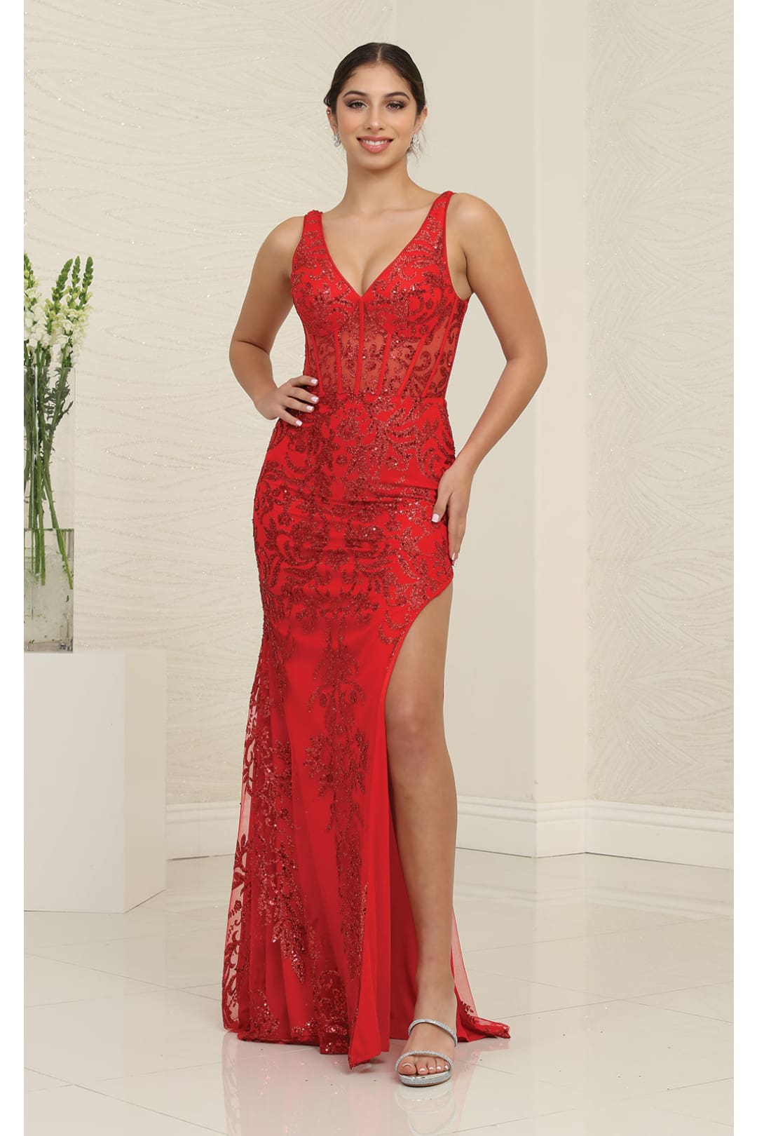 Prom Dress gown with Floor Length Embroidered A Line V-Neck By May Queen MQ2102 - RED / 4 - Dress