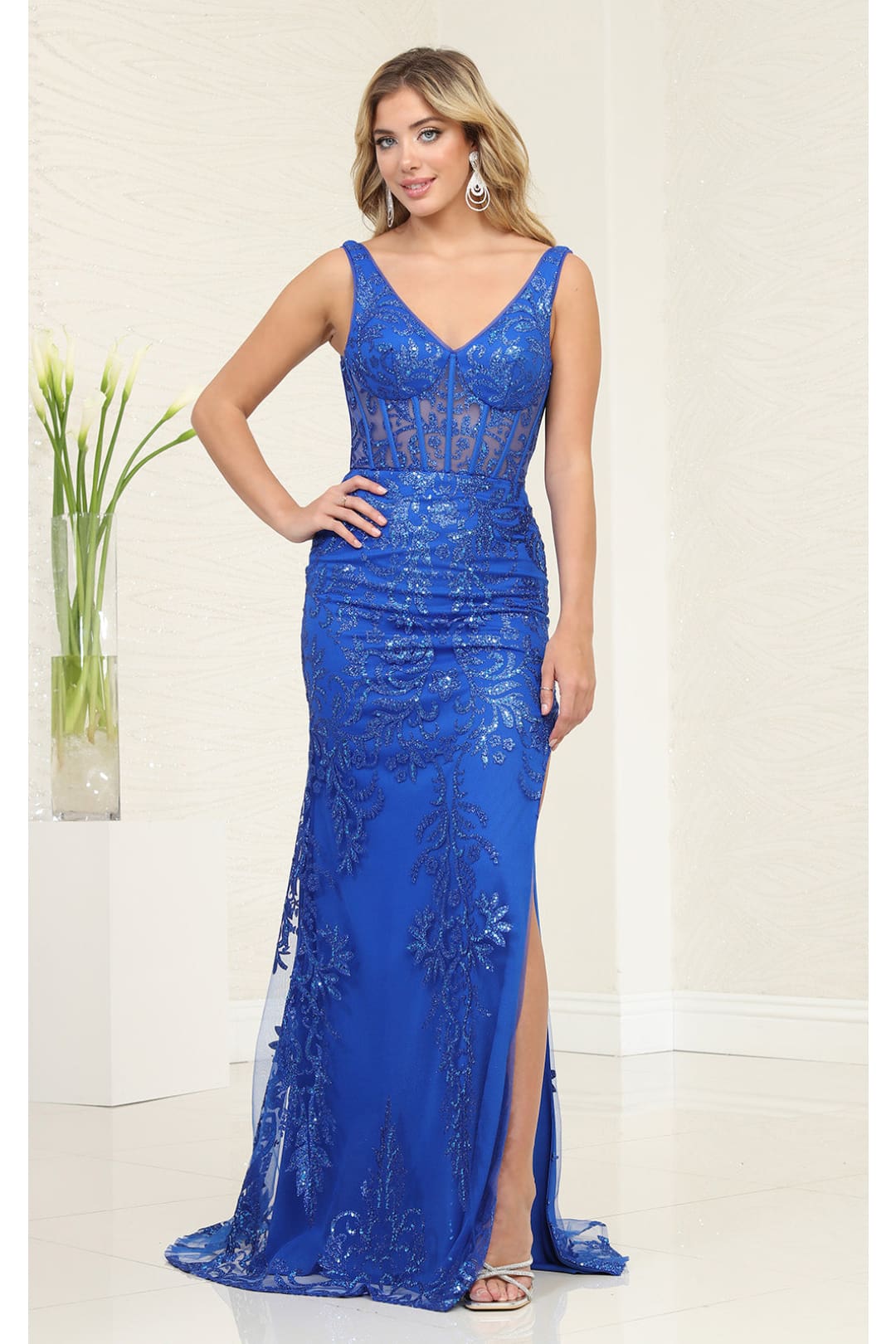 Prom Dress gown with Floor Length Embroidered A Line V-Neck By May Queen MQ2102 - ROYAL / 4 - Dress