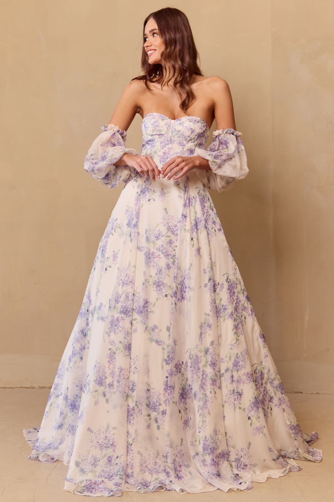 Prom Dress Strapless Print Puff Sleeves Gown By Amelia Couture SU084 - Dress