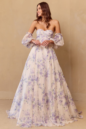 Prom Dress Strapless Print Puff Sleeves Gown By Amelia Couture SU084