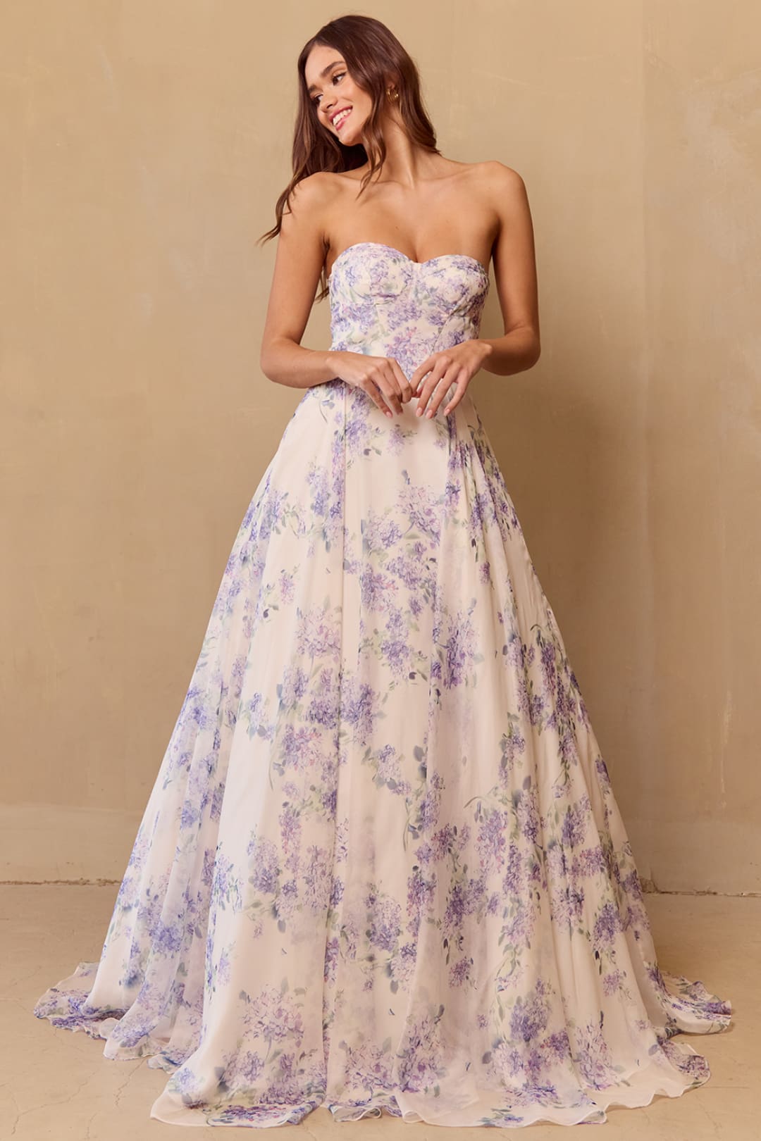 Prom Dress Strapless Print Puff Sleeves Gown By Amelia Couture SU084 - LILAC / 2 - Dress