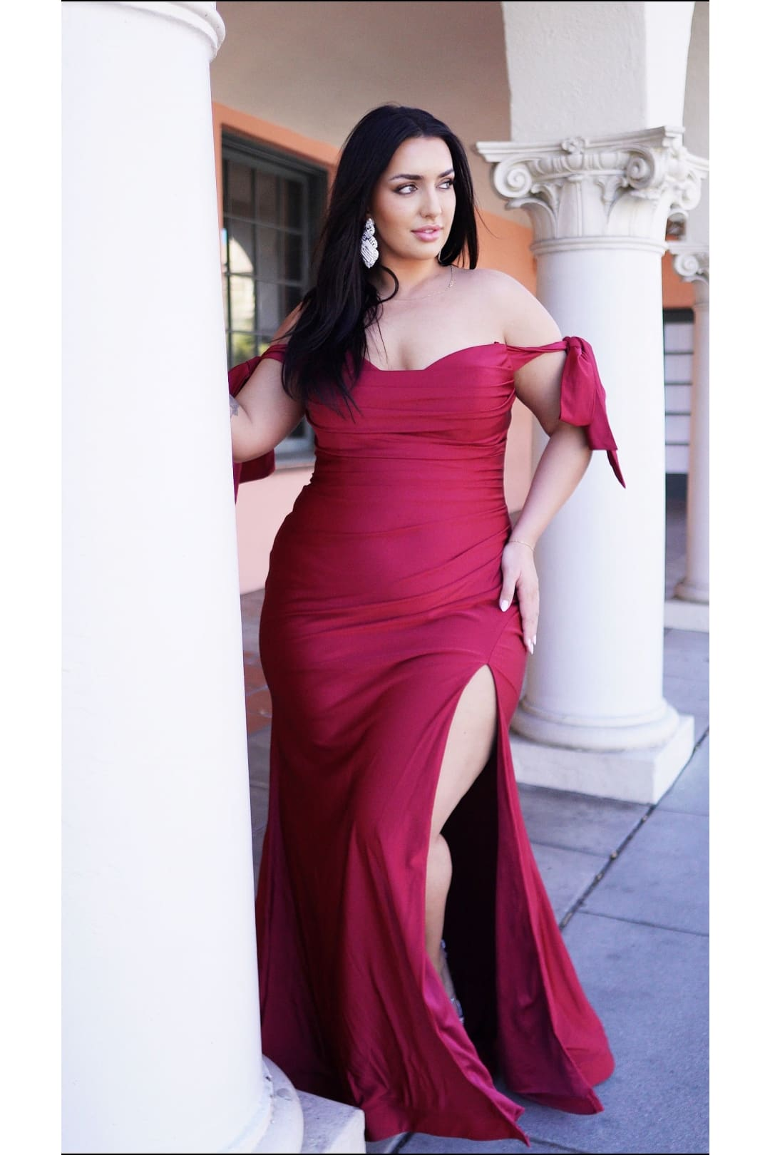 Prom Dress Stretchy Off The Shoulder Plus Size Gown By May Queen MQ1858B - BURGUNDY / 22 - Dress