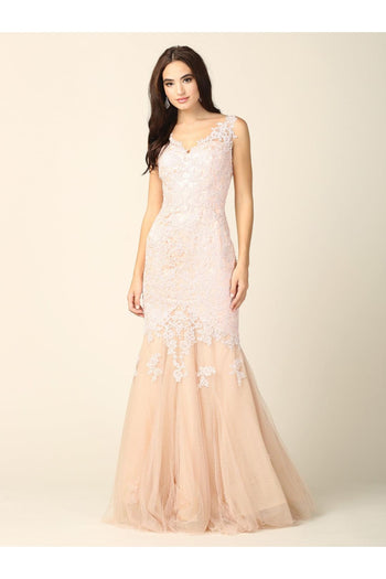 Prom Long Sleeveless Formal Fitted Lace Dress - The Dress Outlet
