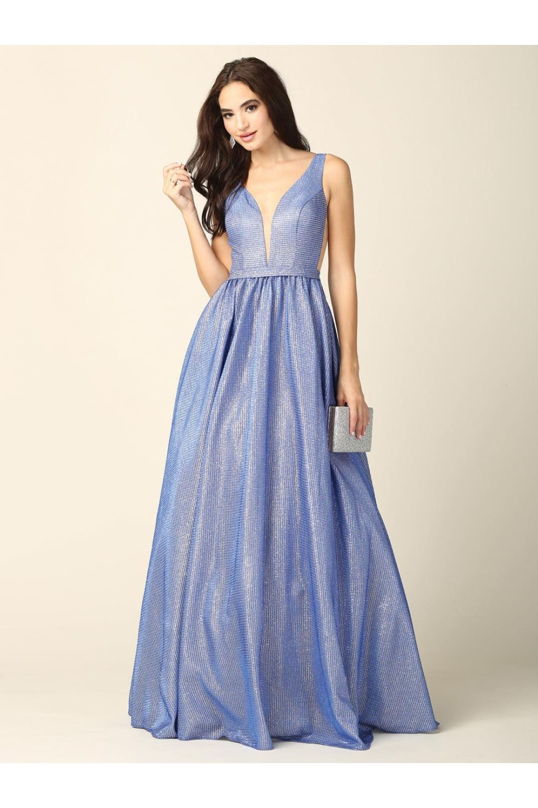 Prom Long Sleeveless Formal Metallic Ball Gown - The Dress Outlet