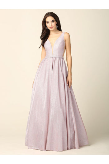 Prom Long Sleeveless Formal Metallic Ball Gown - The Dress Outlet