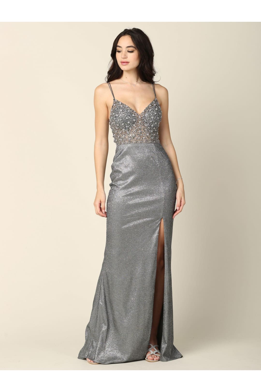 Prom Long Spaghetti Strap Formal Metallic Dress - The Dress Outlet