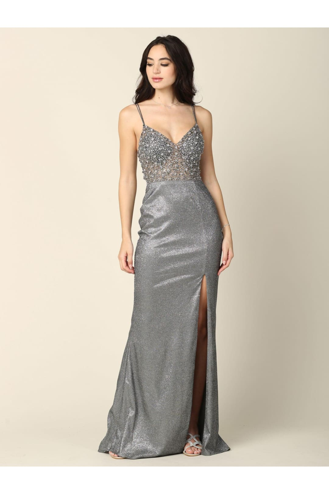 Prom Long Spaghetti Strap Formal Metallic Dress - The Dress Outlet