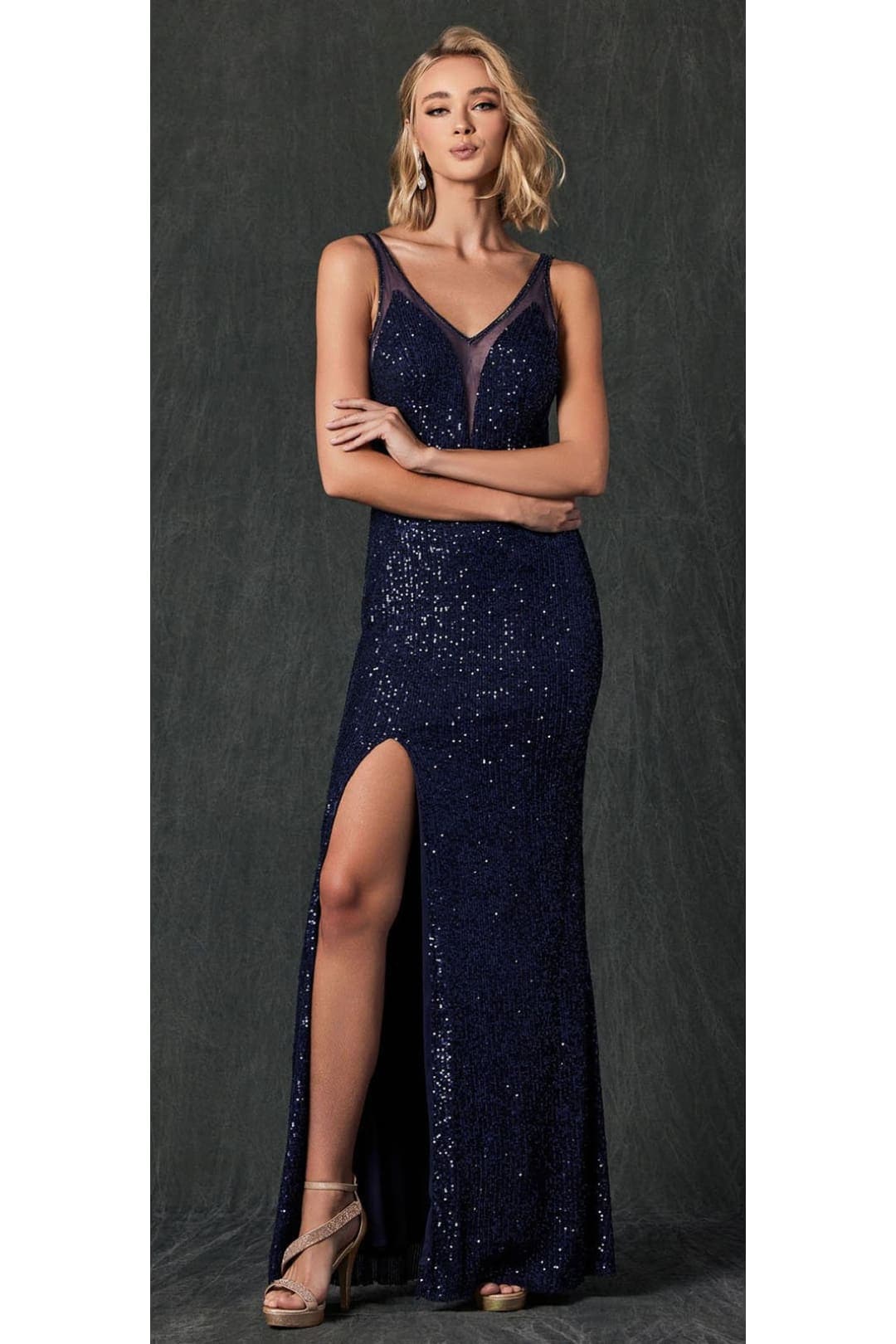 Prom Sequined Formal Gown - NAVY BLUE / XS