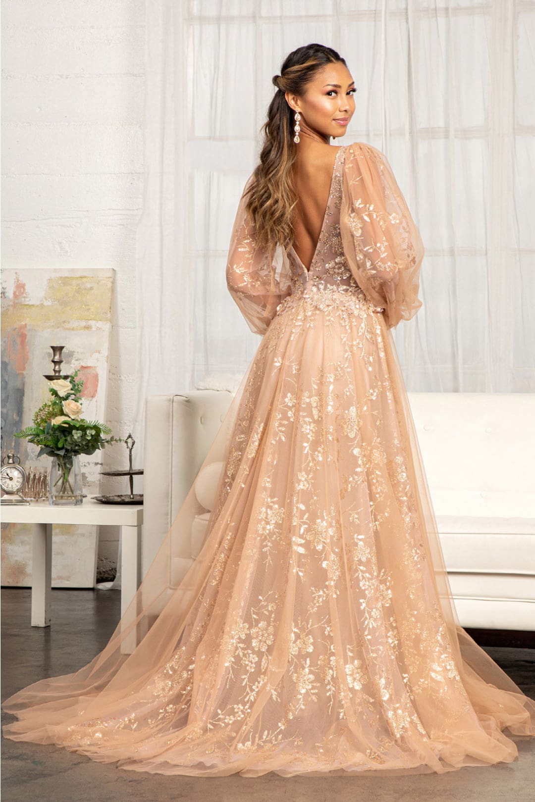 Puff Sleeve Glitter Print Gown by Elizabeth K GL3001 - Long Formal Dresses