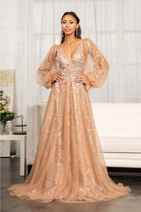 Puff Sleeve Glitter Print Gown by Elizabeth K GL3001 - XS / Sienna - Long Formal Dresses