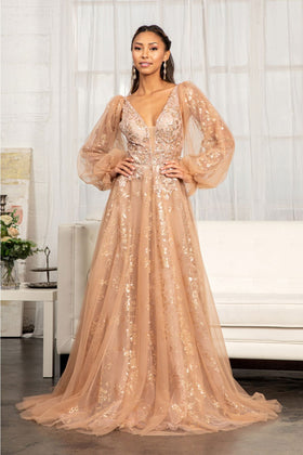 Puff Sleeve Glitter Print Gown by Elizabeth KGL3001