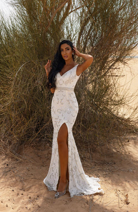 Chic and Holland AN330031 V-Neck Evening Gown with Slit