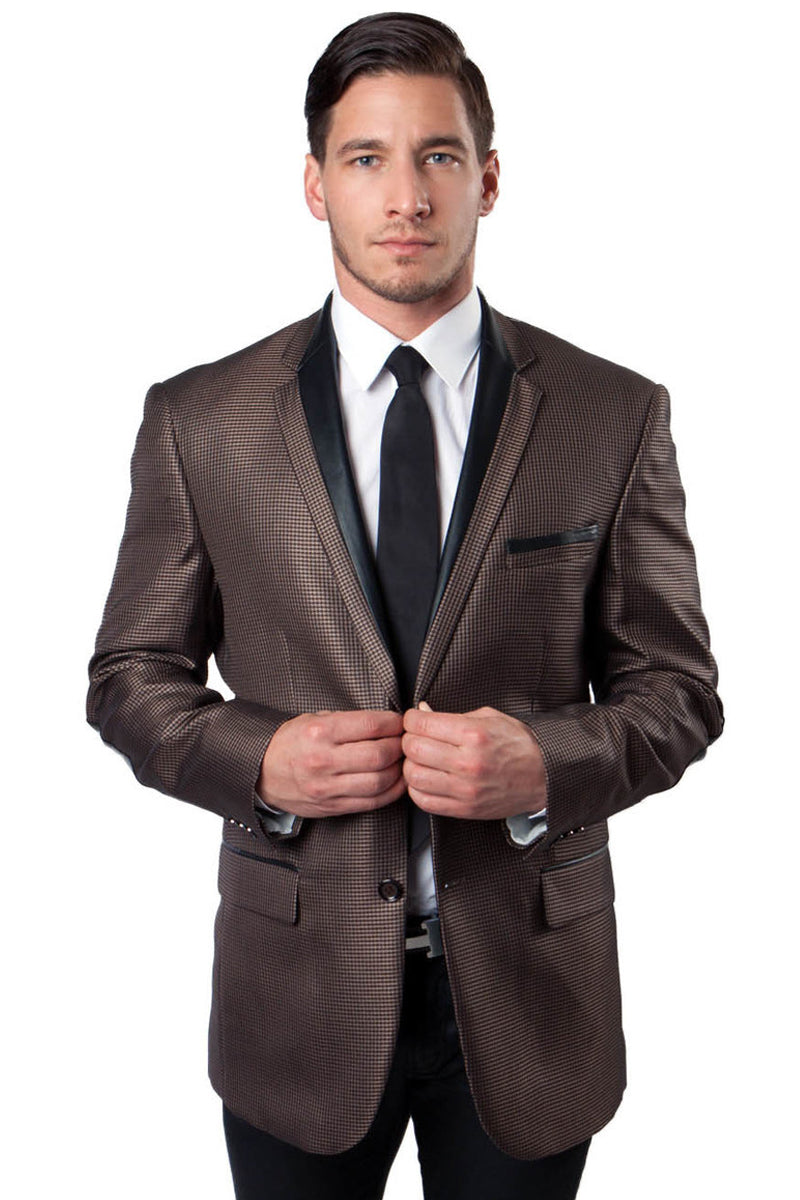 Blazer de esmoquin de pata de gallo de dos botones para hombre con ribete de satén negro en marrón
