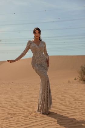Chic and Holland HF110013 V-Neck Long Sleeve Beaded Evening Gown