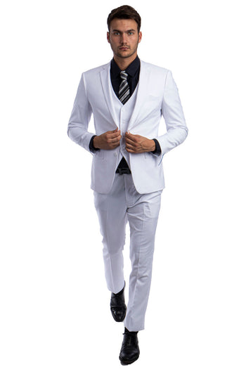 Traje básico liso de dos botones para hombre, corte entallado, con chaleco, color blanco