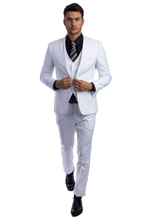 Traje básico liso de dos botones para hombre, corte entallado, con chaleco, color blanco