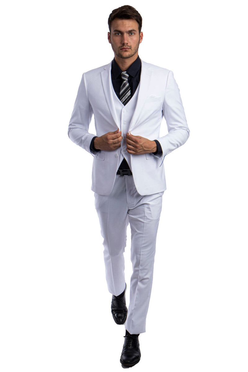 Traje básico liso de dos botones para hombre, corte entallado, con chaleco, color blanco