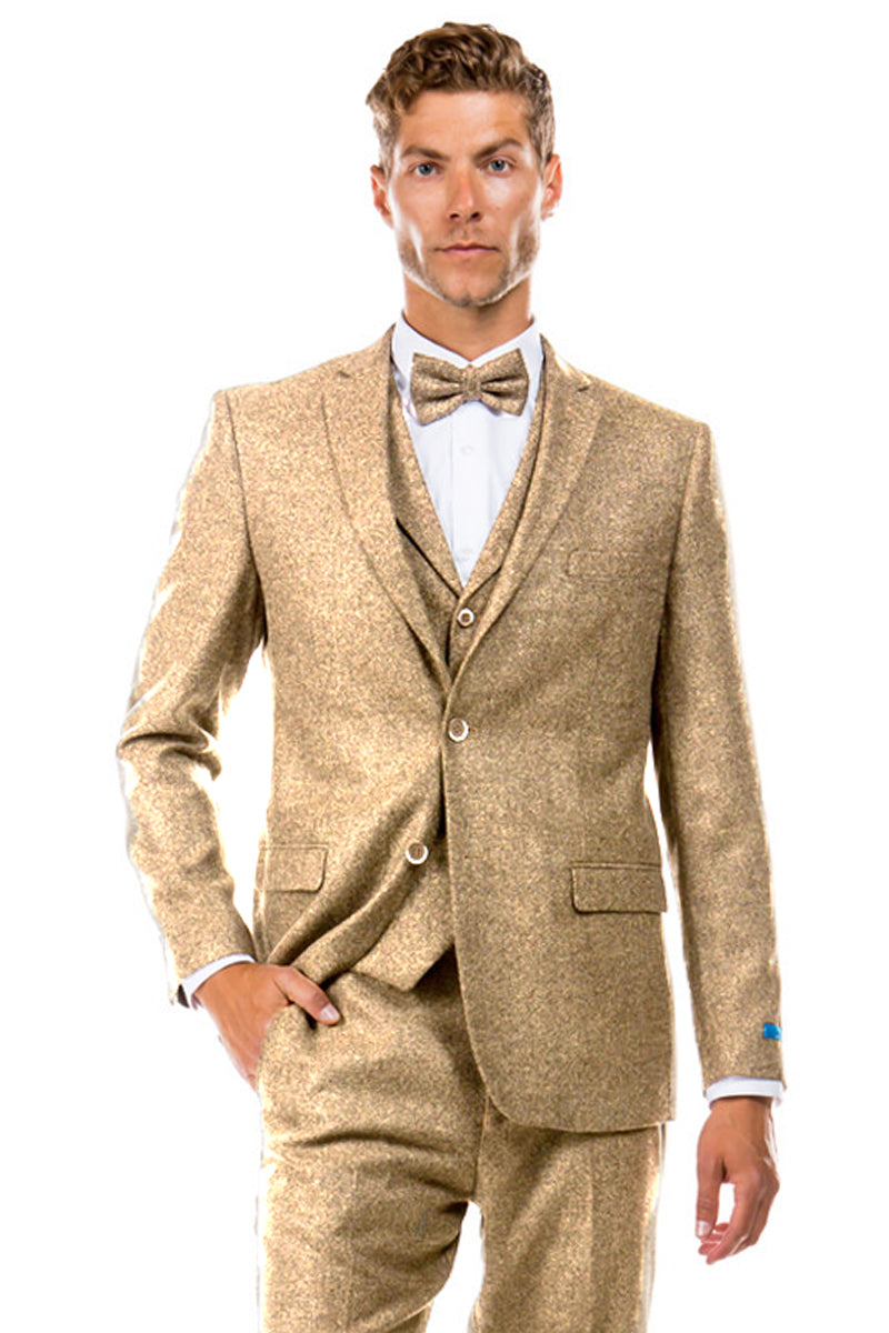 Traje de boda de tweed estilo vintage con chaleco de dos botones para hombre en beige