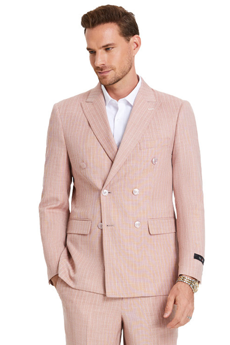 Traje de verano para hombre, entallado, cruzado, en tonos pastel, con raya diplomática rosa rosa