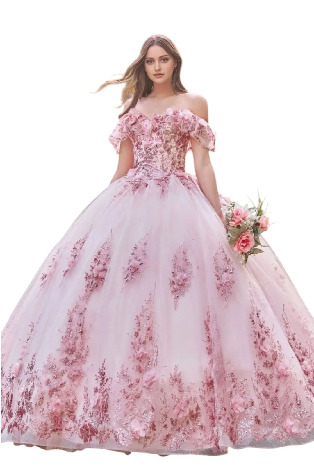 Quinceanera Ball Gown 2025 3D Floral Corset Glitter Layered Dress - BLUSH / XS - Dress