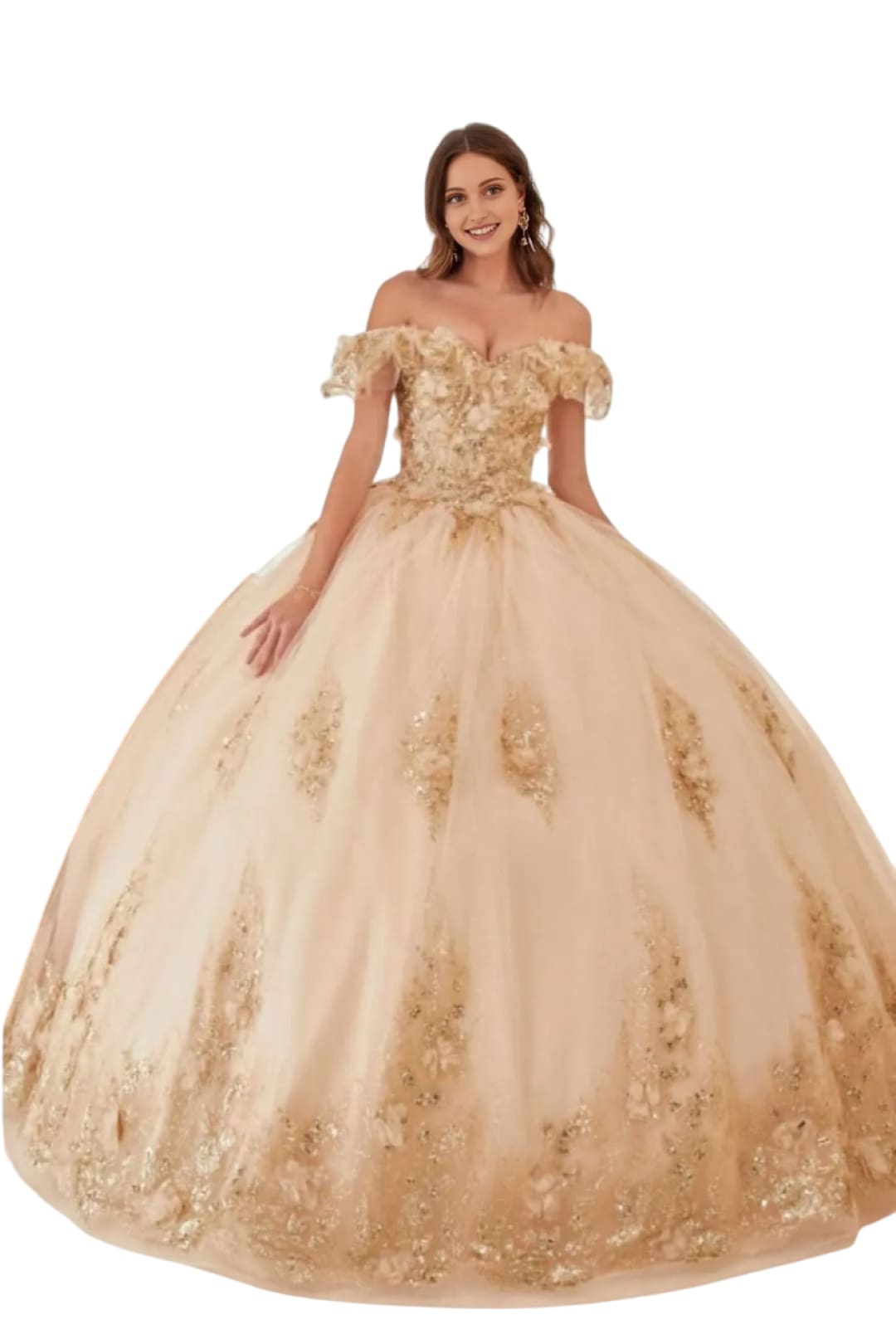 Quinceanera Ball Gown 2025 3D Floral Corset Glitter Layered Dress - CHAMPAGNE / XS - Dress