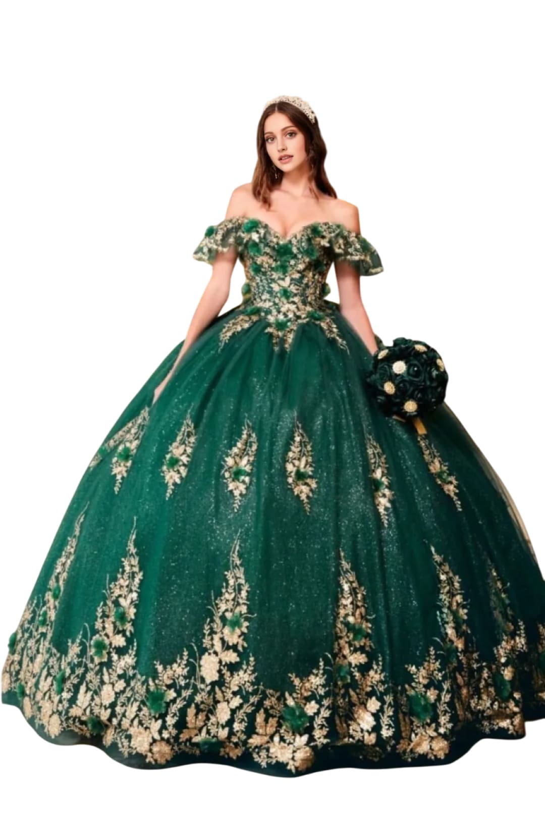 Quinceanera Ball Gown 2025 3D Floral Corset Glitter Layered Dress - EMERALD / XS - Dress