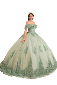 Quinceanera Ball Gown 2025 3D Floral Corset Glitter Layered Dress - SAGE / XS - Dress