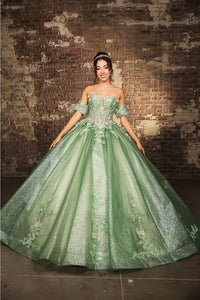 Quinceanera Dress Prom Ball Gown Floral Fitted Corset Glitter by LK245 - SAGE / 2 - Dress