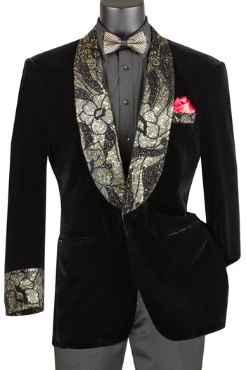 Chaqueta de esmoquin de terciopelo para hombre con solapa y puños con purpurina de cachemira en negro
